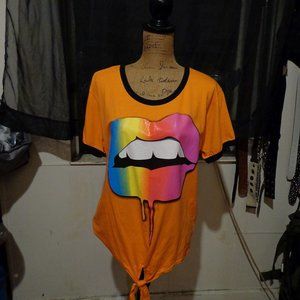 NWOT vintage Orange Rainbow lips Short-sleeve Tie-Front Top